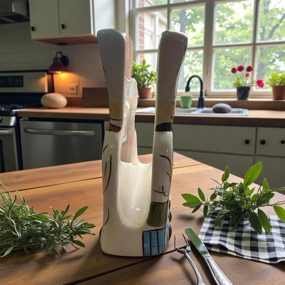 Fat & Skinny Chef Salt & Pepper, Napkin Holder and Spoonrest Red & White Ceramic - Picture 8 of 14